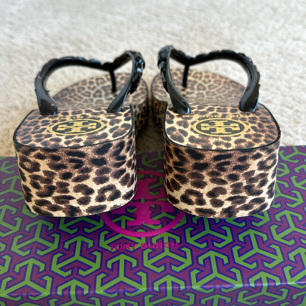 Tory Burch rubber leopard wedge sandals with black “jewel” stones. - Picture 3 of 9
